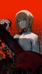  1girl black_necktie black_neckwear blood braid braided_ponytail breasts chainsaw chainsaw_man collared_shirt cross demon formal forte heart highres holding holding_heart long_hair long_sleeves makima_(chainsaw_man) medium_breasts necktie office_lady red_background red_hair ringed_eyes shirt solo white_shirt yellow_eyes 
