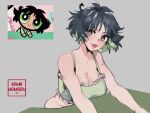  1girl artist_name bangs black_hair blush bra breasts buttercup_(ppg) buttercup_redraw_challenge cleavage commentary derivative_work english_commentary frills green_bra green_eyes green_hair grey_background highres kamira_naito large_breasts looking_at_viewer multicolored_hair older powerpuff_girls reference_inset screencap_redraw shadow smile solo two-tone_hair underwear upper_body 