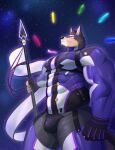  1boy absurdres alternate_pectoral_size animal_ears bara bodysuit bulge chest_harness covered_abs dog_boy dog_ears dog_tail feet_out_of_frame from_side gohki_shiranui harness harpoon highres holding holding_polearm holding_weapon large_pectorals live_a_hero male_focus muscular muscular_male pectoral_lift pectorals polearm pubraseer_(live_a_hero) purple_bodysuit short_hair sky smile solo star_(sky) starry_sky tail thick_thighs thighs underbust weapon wind 