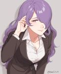  1girl absurdres alternate_costume black_suit breasts camilla_(fire_emblem) commentary_request fire_emblem fire_emblem_fates formal grey_background hair_over_one_eye highres large_breasts lips long_hair office_lady peach11_01 pencil_skirt purple_eyes purple_hair skirt solo suit very_long_hair wavy_hair 