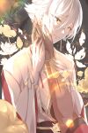  1boy asura_(onmyouji) blonde_hair dark_skin flower highres jewelry lens_flare lie_realjoker lotus male_focus onmyoji onmyouji short_hair taishakuten_(onmyouji) tearing_up tears white_flower white_hair white_lotus 