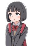  1girl backpack bag bangs black_eyes black_hair black_jacket blazer blunt_bangs blush bob_cut bow bowtie cardigan commentary dress_shirt jacket kyak_bamboo looking_away mochizuki_chihiro open_mouth original raised_eyebrows red_bag red_bow red_bowtie school_uniform shirt short_hair simple_background solo upper_body v_arms white_background white_shirt yellow_cardigan younger 