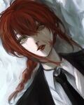  1girl @_@ bed_sheet black_necktie black_suit blood blood_on_face chainsaw_man eyelashes formal hair_between_eyes highres long_eyelashes long_hair looking_at_viewer lying makima_(chainsaw_man) necktie noroma02 nosebleed on_back parted_lips red_hair red_lips solo suit yellow_eyes 