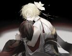  2boys asura_(onmyouji) back bare_pectorals black_hair blonde_hair bracelet closed_eyes couple dark_skin dress earmuffs earrings facial_mark flower highres hug japanese_clothes jewelry jiajiaziloffendian long_hair lotus male_focus multicolored_hair multiple_boys onmyoji onmyouji pectorals sad short_hair taishakuten_(onmyouji) tassel tattoo two-tone_hair white_hair yaoi 