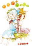  2girls :/ ^_^ ^o^ adjusting_clothes adjusting_headwear arm_support arm_up artist_name back-to-back bangs barefoot blonde_hair blue_bow blue_dress blue_eyes blue_hair blush bow cirno closed_eyes closed_mouth dot_nose dress expressionless facing_viewer flower foot_out_of_frame from_behind from_side grass hair_bow hair_ribbon happy hat head_wreath looking_at_viewer looking_back medium_skirt mixed_media moriya_suwako multiple_girls neck_ribbon no_nose open_mouth pinafore_dress puffy_short_sleeves puffy_sleeves purple_skirt purple_vest red_ribbon ribbon rin_(royal) round_teeth short_hair short_sleeves simple_background sitting skirt skirt_set smile teeth touhou traditional_media tress_ribbon upper_teeth vest white_background white_flower wing_collar 