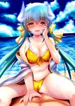  1girl :d absurdres bare_shoulders bikini blush bow breasts cleavage cloud collarbone day dragon_girl dragon_horns fate/grand_order fate_(series) green_hair hand_on_own_face highres horns izumikuu kiyohime_(fate) kiyohime_(swimsuit_lancer)_(fate) large_breasts long_hair looking_at_viewer low_twintails midriff multiple_horns navel open_mouth revision smile solo_focus straddling swimsuit twintails very_long_hair yellow_bikini yellow_bow yellow_eyes 