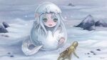  1girl cracked_egg dark_souls_(series) dark_souls_i doll dragon_girl egg fangs fluffy green_eyes hatching monster_girl nahamut priscilla_the_crossbreed snow tail white_hair younger 