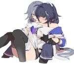  2girls bangs black_gloves black_legwear blue_hair blush breast_grab breasts closed_mouth commentary covered_nipples english_commentary fu_hua gloves grabbing grey_hair half_gloves honkai_(series) honkai_impact_3rd jacket large_breasts long_hair long_sleeves maiqo multiple_girls one_eye_closed open_clothes open_jacket raiden_mei raiden_mei_(striker_fulminata) shirt simple_background tearing_up thighhighs white_background white_jacket white_shirt yuri 