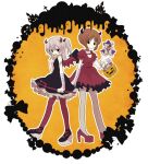  2girls bandaged_arm bandages black_dress black_eyes black_footwear black_horns black_wings boko_(girls_und_panzer) brown_eyes brown_hair candy choker cleavage_cutout closed_mouth clothing_cutout demon_horns demon_wings dress empty_eyes food frilled_dress frills girls_und_panzer halloween halloween_bucket halloween_costume heart_cutout high_heels highres holding holding_candy holding_food holding_stuffed_toy horns jack-o&#039;-lantern light_brown_hair lollipop looking_at_viewer multiple_girls nishizumi_miho one_side_up outline pantyhose polearm puffy_short_sleeves puffy_sleeves red_choker red_dress red_footwear red_horns red_legwear red_wings ri_(qrcode) shimada_arisu shoes short_dress short_sleeves sleeveless sleeveless_dress standing star_(symbol) stuffed_toy trident weapon white_outline wings 