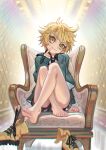  1boy absurdres ashikaga_hyouta bare_legs barefoot between_toes bishounen_series blonde_hair chair child closed_mouth crossed_legs evil_grin evil_smile eyebrows_visible_through_hair fang feet finger_to_own_chin grin highres male_focus necktie shoe_dangle shorts showing sitting slit_pupils smile soles solo teeth toes whinghope yellow_eyes 