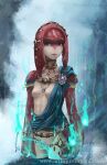  1girl blue_fire blue_sash breasts colored_skin commentary english_commentary fire fog jewelry justin_paul looking_at_viewer mipha necklace no_nipples no_nose red_skin sash small_breasts standing the_legend_of_zelda the_legend_of_zelda:_breath_of_the_wild twitter_username water web_address zora 