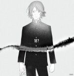  1boy character_age chess_piece clenched_hand cowboy_shot gakuran gkrk89 grey_background greyscale holding king_(chess) light_smile long_sleeves looking_at_viewer male_focus monochrome ouji_kazuaki pants school_uniform short_hair simple_background solo straight-on world_trigger 