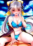  1girl :d absurdres bare_shoulders bikini blue_bikini blush bow breasts cleavage cloud collarbone day dragon_girl dragon_horns fate/grand_order fate_(series) hand_on_own_face highres horns izumikuu kiyohime_(fate) kiyohime_(swimsuit_lancer)_(fate) large_breasts long_hair looking_at_viewer midriff multiple_horns navel open_mouth orange_eyes ponytail revision silver_hair smile solo_focus straddling swimsuit very_long_hair yellow_bow 