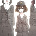  3girls akiyama_yukari archived_source arms_at_sides bags_under_eyes bangs belt black_hair breast_pocket brown_eyes cowboy_shot english_commentary eyebrows_visible_through_hair eyes_visible_through_hair female_service_cap girls_und_panzer grey_belt grey_headwear grey_jacket grey_skirt hair_between_eyes hat head_out_of_frame height_difference jacket lips long_sleeves looking_at_viewer medium_hair military military_hat military_jacket military_uniform multiple_girls out_of_frame parted_lips pocket popopoka short_hair simple_background skirt solo_focus standing straight-on swept_bangs triangle_mouth uniform vignetting wavy_hair white_background 