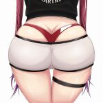  1girl ass bikini bikini_bottom black_jacket butt_crack close-up coco_(taiggerrock) highres hololive houshou_marine jacket long_hair red_bikini red_hair short_shorts shorts simple_background skindentation solo swimsuit thigh_strap twintails very_long_hair virtual_youtuber whale_tail white_background white_shorts 