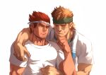  2boys arm_around_shoulder bara couple dark-skinned_male dark_skin facial_hair goatee hachimaki headband male_focus mature_male multiple_boys muscular muscular_male orange_hair original pectorals pout pouty_lips punching rollingstonex6 shirt_grab short_hair sideburns spiked_hair thick_eyebrows upper_body yaoi 