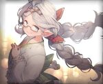  1girl blue_eyes braid collarbone fingers_together glasses granblue_fantasy hair_ribbon hairband harvin japanese_clothes kimono long_hair long_sleeves looking_at_viewer looking_to_the_side own_hands_together pointy_ears ribbon semi-rimless_eyewear shimazaki1152 smile solo twin_braids under-rim_eyewear white_hair yukata zahlhamelina 