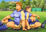  2boys back-to-back bara blue_shirt brown_hair buzz_cut cover cover_page dolphin_shorts doujin_cover facial_hair feet_out_of_frame goatee imminent_hand_holding kobucha male_focus multiple_boys muscular muscular_male original pectorals rugby rugby_uniform shirt short_hair shorts sideburns sitting smile socks sportswear thighs very_short_hair 