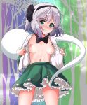  1girl :t \||/ areolae bangs black_hairband black_neckwear blush bob_cut breasts breasts_day commentary_request cowboy_shot embarrassed frilled_skirt frills full-face_blush green_eyes green_skirt green_vest hairband highres hitodama hitodama_print hits_(hitstts) konpaku_youmu konpaku_youmu_(ghost) navel pout puffy_short_sleeves puffy_sleeves shiny shiny_skin shirt short_hair short_sleeves silver_hair skirt small_breasts solo standing stomach sweat sweatdrop thighs touhou trembling upper_body vest white_shirt 