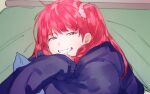  1girl bangs gkrk89 grin hair_ornament hair_scrunchie half-closed_eyes jacket kotatsu long_hair long_sleeves looking_at_viewer lying messy_hair nire_hikari on_stomach one_side_up pillow red_eyes red_hair scrunchie sleeves_past_fingers sleeves_past_wrists smile solo table under_table upper_body world_trigger 