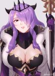  1girl alternate_costume armor black_armor breasts camilla_(fire_emblem) commentary_request fire_emblem fire_emblem_fates fire_emblem_heroes grey_background hair_over_one_eye highres holding holding_staff large_breasts lips long_hair official_alternate_costume peach11_01 purple_eyes purple_hair solo staff very_long_hair wavy_hair 