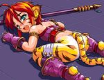  :o animal_ears ass boots breath_of_fire breath_of_fire_ii brown_hair facial_mark gloves green_eyes knee_boots legs lowres oekaki open_mouth purple_background red_hair rinpoo_chuan short_hair solo source_request staff sweat tail tears thighs tiger_ears tiger_tail tomoshibi_hidekazu weapon 