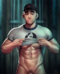  1boy abs bara baseball_cap big_hero_6 black_hair blurry blurry_background bottomless closed_mouth clothes_lift commentary english_commentary hat highres large_pectorals lifted_by_self looking_at_viewer male_focus male_pubic_hair muscular muscular_male naked_shirt navel nerdyart1 nipples no_male_underwear pectorals pubic_hair shirt shirt_lift short_hair solo tadashi_hamada thick_eyebrows white_shirt 