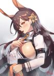  1girl animal_ears azur_lane bangs breasts brown_hair character_print chikuma_(azur_lane) collared_shirt commentary_request earrings flower hair_between_eyes hair_flower hair_ornament highres holding holding_towel jewelry large_breasts long_hair long_sleeves looking_at_viewer manjuu_(azur_lane) mole mole_under_mouth necktie open_mouth orange_eyes orange_necktie print_towel rabbit_ears shimotsuki_shio shirt sideboob simple_background solo steaming_body sweat towel upper_body white_shirt 