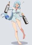  1girl alcohol aqua_(konosuba) bangs bare_shoulders barefoot blue_eyes blue_hair blush bottle bottomless breasts buttons collarbone commentary_request drunk eyebrows_visible_through_hair kono_subarashii_sekai_ni_shukufuku_wo! large_breasts long_hair looking_at_viewer no_panties one_eye_closed open_mouth salpin shiny shiny_skin simple_background smile solo standing teeth upper_teeth wine_bottle 