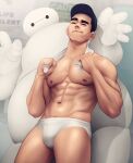  1boy abs bara baseball_cap baymax big_hero_6 black_hair briefs closed_mouth commentary english_commentary hat highres large_pectorals looking_at_viewer male_focus male_underwear muscular muscular_male navel nerdyart1 nipples pectorals short_hair solo tadashi_hamada thick_eyebrows thick_thighs thighs towel towel_around_neck underwear white_male_underwear 