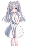  1girl bandaged_arm bandages bandaid bandaid_on_forehead blush commentary cowboy_shot dress highres idolmaster idolmaster_shiny_colors kawara_pigeon long_hair looking_at_viewer parted_lips purple_eyes silver_hair simple_background solo twintails white_background white_dress yuukoku_kiriko 