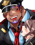  1boy 1girl bara blush dark-skinned_male dark_skin eyebrows_visible_through_hat facial_hair female_protagonist_(live_a_hero) goatee hat highres kizami_nori_to_yamaimo live_a_hero long_sideburns mature_male muscular muscular_male necktie one_eye_closed pectorals police police_hat police_uniform policeman purple_hair red_necktie shaft_(live_a_hero) short_hair sideburns tearing_up thick_eyebrows uniform upper_body 