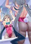  1girl ahoge animal_ears aqua_bow aqua_bowtie ass blue_hair blurry bow bowtie depth_of_field detached_collar fake_animal_ears fake_tail fishnet_legwear fishnets grey_eyes grey_hair hair_between_eyes kantai_collection kiyoshimo_(kancolle) leotard long_hair low_twintails mirror moke_ro multicolored_hair one-piece_thong pantyhose playboy_bunny purple_leotard rabbit_ears rabbit_tail reflection strapless strapless_leotard tail thighband_pantyhose thong_leotard twintails very_long_hair wrist_cuffs 