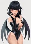  1girl absurdres bangs bare_shoulders black_hair black_leotard blood blood_on_face blush breasts commentary earrings eungi grey_background hand_on_own_chest hand_up highleg highleg_leotard highres jewelry large_breasts leotard lips looking_at_viewer low_wings open_mouth original red_eyes shiny shiny_clothes shiny_hair shiny_skin short_hair simple_background sleeveless smile solo symbol-only_commentary thighs vampire wings 