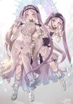  2girls absurdres clothing_cutout dated dress euryale_(fate) fate/grand_order fate/hollow_ataraxia fate_(series) frilled_hairband frills hairband halo highres jewelry locked_arms multiple_girls navel navel_cutout panties purple_eyes purple_hair revision sandals seyana siblings signature sisters smile stheno_(fate) thumb_ring twintails underwear 