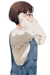  1girl adjusting_eyewear blush brown_eyes brown_hair commentary_request from_side grey_shirt hands_up long_sleeves looking_away mattaku_mousuke original overalls shirt short_hair simple_background sleeves_past_wrists solo twitter_username watermark white_background 