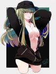  1girl ass_visible_through_thighs black_hoodie breasts c.c. cleavage code_geass dated green_hair hat highres holding holding_hair hood hoodie long_hair naked_hoodie navel noppo open_clothes signature tattoo unzipped yellow_eyes 