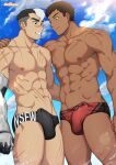  2boys abs bara beach black_male_swimwear brown_hair bulge clothes_writing cross_scar crossover dark-skinned_male dark_skin dota:_dragon&#039;s_blood dota_(series) dota_2 dragon_knight_(dota) erection erection_under_clothes eye_contact hand_on_another&#039;s_shoulder interracial large_pectorals looking_at_another male_focus male_swimwear multicolored_hair multiple_boys muscular muscular_male navel nipples pectorals precum prosthesis prosthetic_arm red_male_swimwear scar scar_on_arm scar_on_chest scar_on_face scar_on_leg scar_on_nose short_hair side_cut sideburns smile stomach suiton00 swim_briefs takashi_shirogane thick_eyebrows thighs topless_male two-tone_hair undercut voltron:_legendary_defender water yaoi 