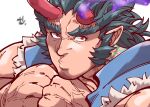  1boy bara bare_shoulders broken_horn close-up demon_boy demon_horns face facial_hair fang fiery_horns forked_eyebrows goatee grey_hair highres horns kizami_nori_to_yamaimo long_sideburns male_focus mature_male muscular muscular_male o3o pouty_lips red_eyes short_hair sideburns sleeveless solo takemaru_(housamo) thick_eyebrows tokyo_afterschool_summoners upper_body veins 