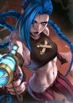  1girl aiming_at_viewer arcane:_league_of_legends blue_hair blue_nails braid dandon_fuga eyeshadow fingerless_gloves gloves gun highres horizontal_stripes jinx_(league_of_legends) league_of_legends looking_at_viewer makeup nail_polish navel pants purple_eyes purple_nails sleeveless solo stomach striped striped_pants tattoo toned twin_braids weapon 