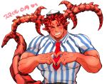  1boy alternate_pectoral_size bara between_pectorals blush curled_horns dark-skinned_male dark_skin demon_boy demon_horns demon_tail heart heart_hands highres horns ifrit_(housamo) kizami_nori_to_yamaimo large_pectorals male_focus muscular muscular_male necktie necktie_between_pectorals pectorals pointy_ears red_necktie shirt short_hair short_necktie smile solo spiked_hair striped striped_shirt tail tokyo_afterschool_summoners upper_body 