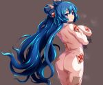  1girl ass blue_eyes blue_hair breasts covered_nipples debt dress from_behind grey_dress highres huge_breasts long_dress long_hair long_sleeves looking_at_viewer ofuda ofuda_on_clothes open_mouth patches peso_(cheese_company) pussy_juice pussy_juice_drip_through_clothes smile steaming_body stuffed_animal stuffed_cat stuffed_toy surprised touhou touhou_gouyoku_ibun very_long_hair wavy_mouth yorigami_shion 