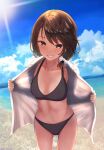  1girl beach bikini black_bikini blue_sky breasts brown_eyes brown_hair cloud day fumei_(mugendai) highres midriff navel ocean open_clothes open_shirt outdoors shirt short_hair sky small_breasts smile solo swimsuit touhou translucent usami_renko white_shirt 