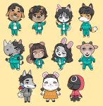  4girls 6+boys :&lt; ali_abdul angry animal_crossing artist_name bangs bear_boy black_hair bleeding blood blush_stickers brown_background brown_eyes brown_hair cat_girl cho_sang-woo dog_boy envelope fox_boy furrification furry furry_female furry_male goat_boy gong_yoo green_jacket green_pants grin hamster_girl han_mi-nyeo hand_in_pocket heart heart-shaped_pupils highres holding holding_envelope holding_knife hood hood_up horns injury jacket jang_deok-su jewelry ji_yeong kai_texel knife long_hair long_sleeves looking_at_another looking_at_viewer low_twintails messy_hair multiple_boys multiple_girls necklace numbered octopus_boy oh_il-nam open_clothes open_jacket pants rabbit_girl red_jacket rhinoceros_boy robot_(squid_game) sae-byeok scar seong_gi-hun shirt shoes short_hair simple_background single_horn smile squid_game squirrel_girl star_(symbol) symbol-shaped_pupils teeth twintails upper_teeth watermark white_shirt wolf_boy worker_(squid_game) 