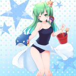  3girls blonde_hair blue_background blush breasts bucket cleavage competition_school_swimsuit cowboy_shot eyebrows_visible_through_hair frog_hair_ornament gradient gradient_background green_eyes green_hair hair_between_eyes hair_ornament hair_ribbon hair_tubes highres kochiya_sanae layered_sleeves leaf_hair_ornament long_hair long_sleeves medium_breasts medium_hair minigirl moriya_suwako multiple_girls one-piece_swimsuit one_eye_closed puffy_short_sleeves puffy_sleeves purple_hair purple_vest pyonta red_shirt ribbon rope satoru_(enheionline) school_swimsuit shirt short_hair short_over_long_sleeves short_sleeves shovel skirt sleeves_past_wrists snake_hair_ornament starry_background swimsuit touhou trowel vest water_gun yasaka_kanako 