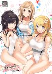  3girls arm_support bangs bare_arms bare_shoulders black_hair blonde_hair blue_eyes blue_jacket blush breasts brown_eyes brown_hair cleavage closed_mouth collarbone competition_swimsuit cover cover_page covered_navel doujin_cover fingernails flower grey_eyes hachimiya_meguru hair_flower hair_ornament hand_up highleg highleg_swimsuit highres idolmaster idolmaster_shiny_colors inuzumi_masaki jacket kazano_hiori large_breasts lips long_hair looking_at_viewer low_twintails mole mole_under_mouth multiple_girls off_shoulder one-piece_swimsuit open_mouth ponytail sakuragi_mano shiny shiny_hair shiny_skin sitting small_breasts smile swimsuit thighs tied_hair twintails v 