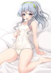  1girl absurdres alternate_hairstyle ass_visible_through_thighs covered_navel eyebrows_visible_through_hair green_hairband grey_eyes hair_between_eyes hair_ornament hairband highres indoors kantai_collection long_hair looking_at_viewer makura_(user_jpmm5733) on_bed one-piece_swimsuit open_mouth pillow ponytail school_swimsuit silver_hair sitting solo swimsuit swimsuit_under_clothes wavy_hair white_swimsuit yamagumo_(kancolle) 