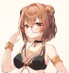  1girl absurdres armlet armpits bare_shoulders bikini bikini_top black_bikini black_choker bracelet breasts brown_hair choker double_bun glasses halterneck hand_up highres indie_virtual_youtuber jewelry looking_at_viewer medium_breasts munseonghwa revealing_clothes round_eyewear see-through short_hair smile solo swimsuit upper_body virtual_youtuber yellow_eyes 