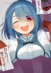  1girl ;d bangs blue_hair blue_vest blush breasts buttons center_frills commentary_request eyebrows_visible_through_hair frills hair_between_eyes highres juliet_sleeves long_sleeves one_eye_closed open_mouth piyodesu puffy_sleeves red_eyes shirt sidelocks simple_background smile tatara_kogasa teeth tongue touhou umbrella upper_teeth vest white_background white_shirt 
