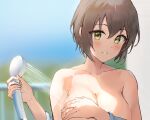  1girl bangs blurry blurry_background breasts brown_hair cleavage collarbone commentary covering covering_breasts eyebrows_visible_through_hair green_eyes hair_between_eyes head_tilt highres holding holding_shower_head large_breasts looking_at_viewer mole mole_on_breast nude original parted_lips railing revision short_hair shower_head sidelocks solo upper_body washing ym_(pixiv2132273) 